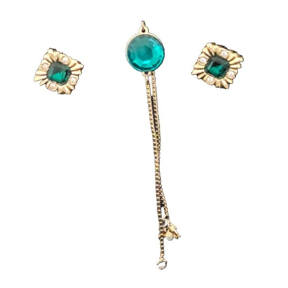 Ann Taylor Gold-Tone Bracelet w/ Emerald Green Glass Stone + Earrings ***READ*** - Picture 2 of 6